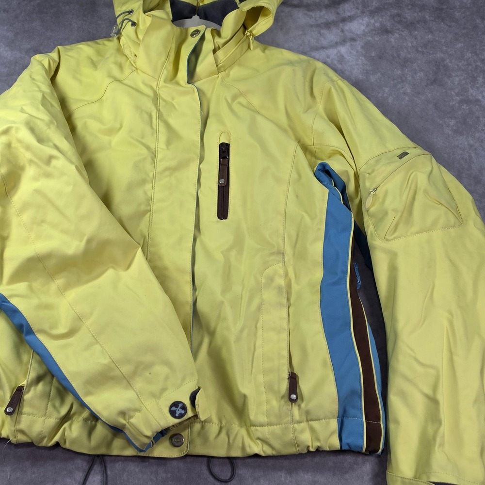 Descente DNA Ski Jacket Women 8 Yellow Blue Goggle Pocket Snow Removable Hood